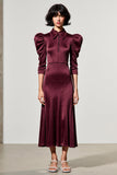 Dark Red A Line Lapel Neck Wedding Guest Dress with Sleeves