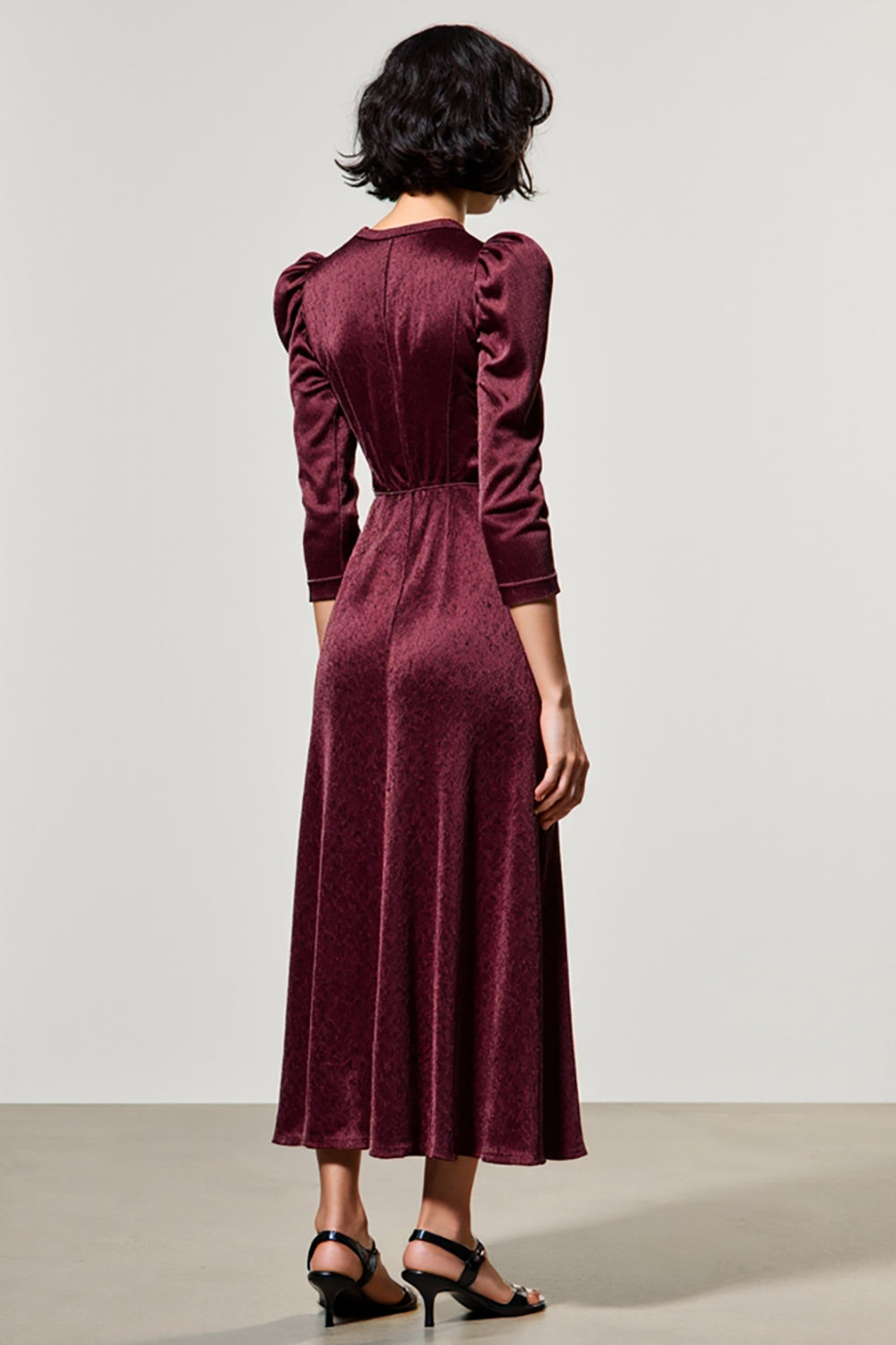 Dark Red A Line Lapel Neck Wedding Guest Dress with Sleeves