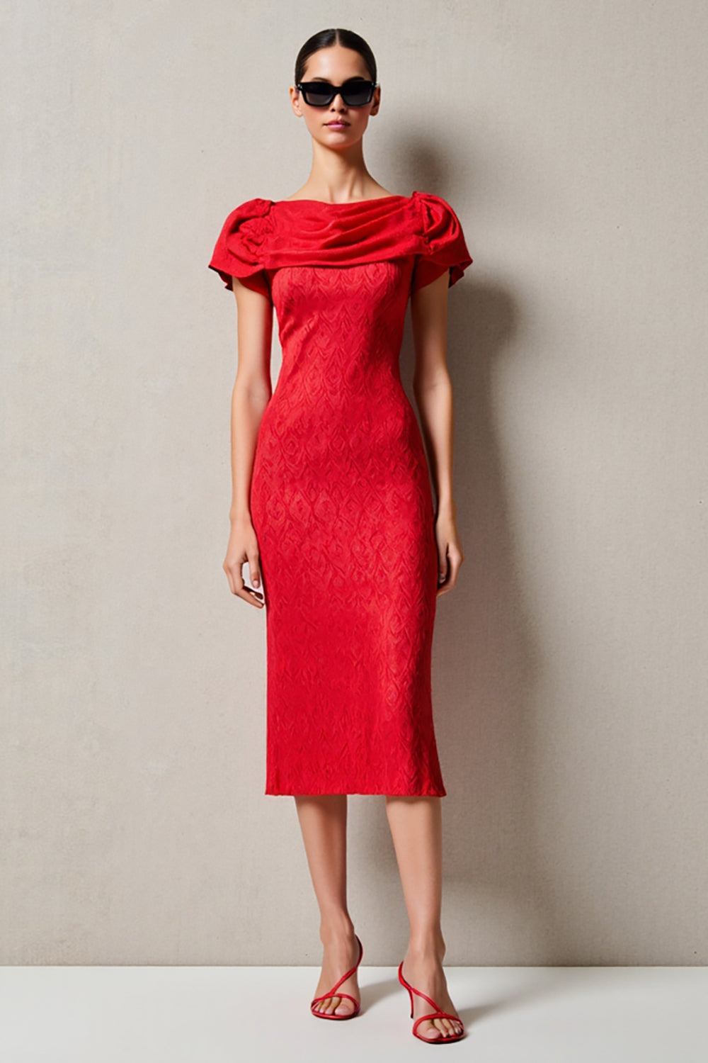 Red Sheath Ruched Boat Neck Midi Wedding Guest Dress