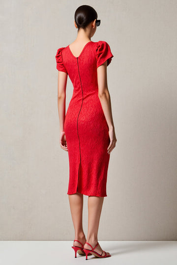 Red Sheath Ruched Boat Neck Midi Wedding Guest Dress