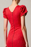 Red Sheath Ruched Boat Neck Midi Wedding Guest Dress