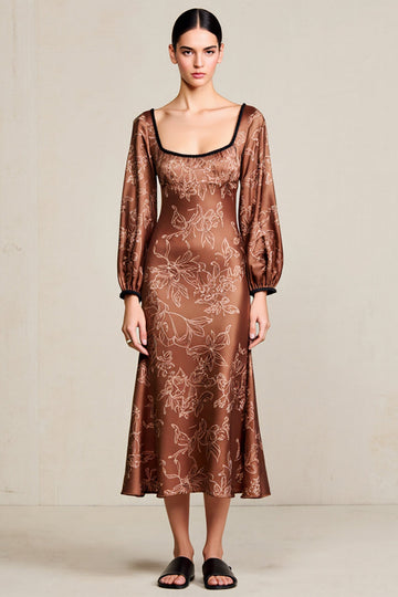 Printed Coffee Sheath Long Wedding Guest Dress with Sleeves