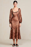 Printed Coffee Sheath Long Wedding Guest Dress with Sleeves