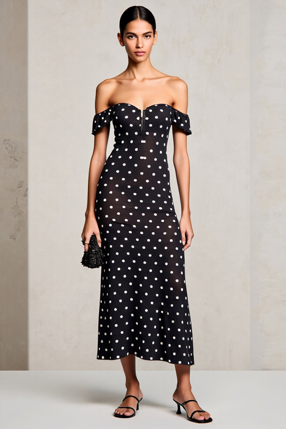 Black Sheath Off The Shoulder  Maxi Boho Polka Dots Dress