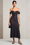Black Sheath Off The Shoulder  Maxi Boho Polka Dots Dress