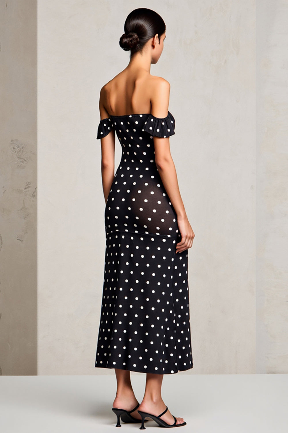 Black Sheath Off The Shoulder  Maxi Boho Polka Dots Dress