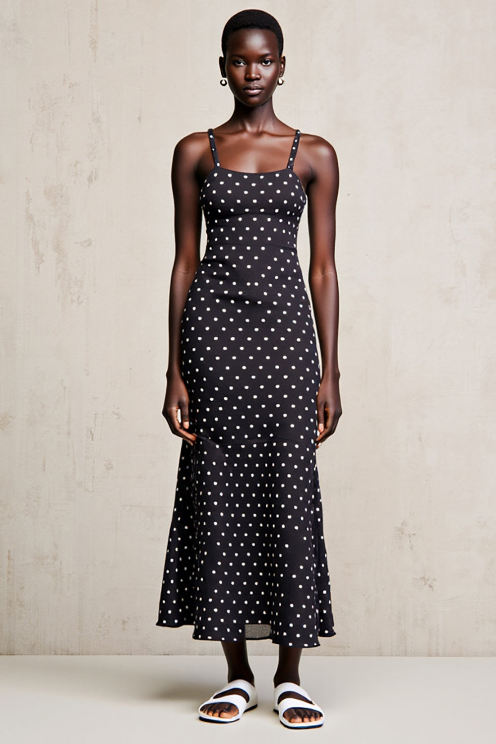 Black Sheath Spaghetti Straps Maxi Boho Polka Dots Dress