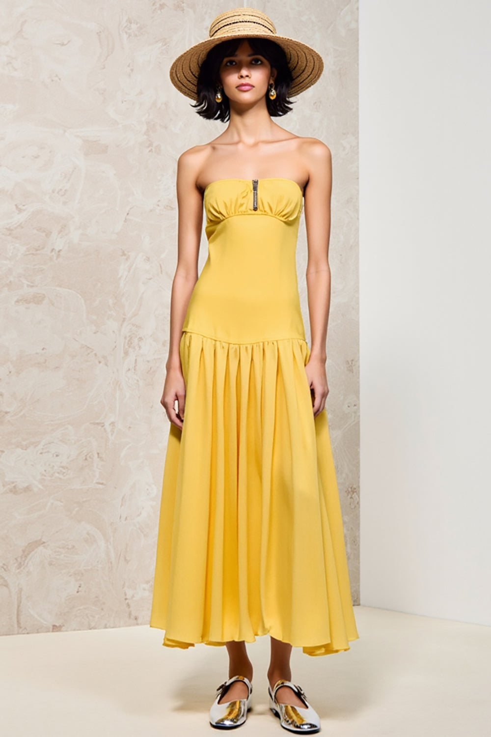 Yellow Strapless Ruched A Line Wedding Guest Dress
