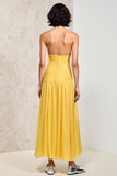 Yellow Strapless Ruched A Line Wedding Guest Dress