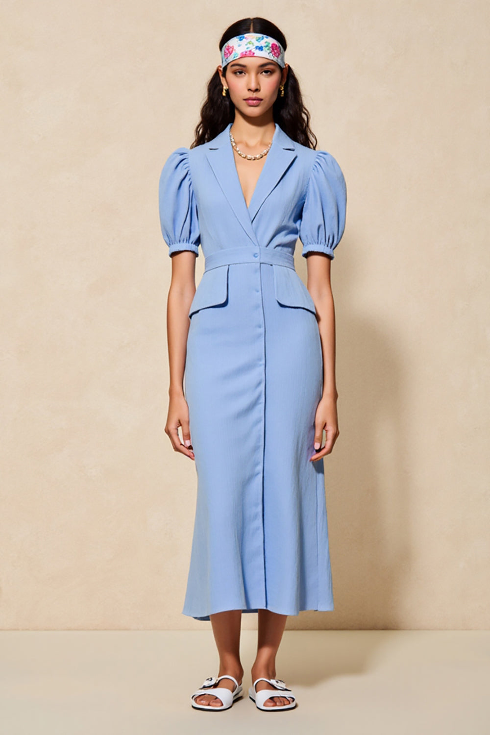 Blue Sheath Notched Lapel Long Work Dress with Sleeves