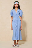 Blue Sheath Notched Lapel Long Work Dress with Sleeves