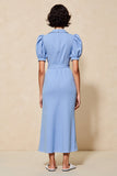 Blue Sheath Notched Lapel Long Work Dress with Sleeves