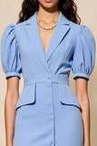 Blue Sheath Notched Lapel Long Work Dress with Sleeves