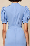 Blue Sheath Notched Lapel Long Work Dress with Sleeves