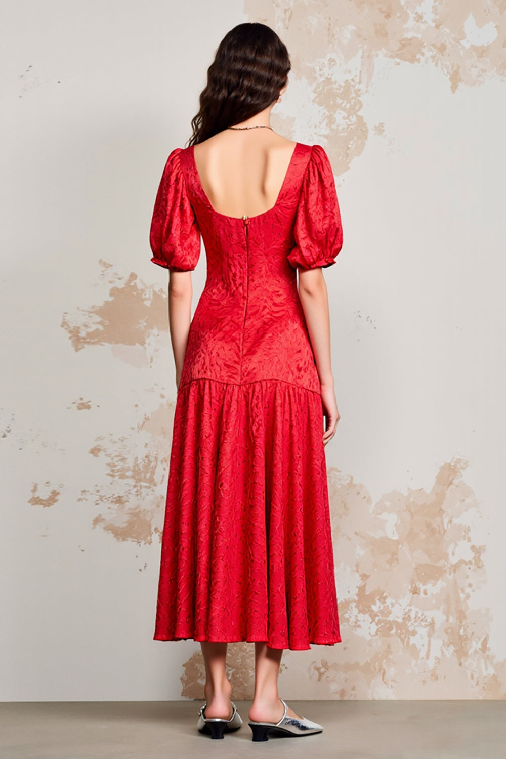 Red Sheath Square Neck Long Wedding Guest Dress