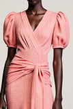Pink Sheath Ruched Puff Sleeves Long Weddig Guest Dress