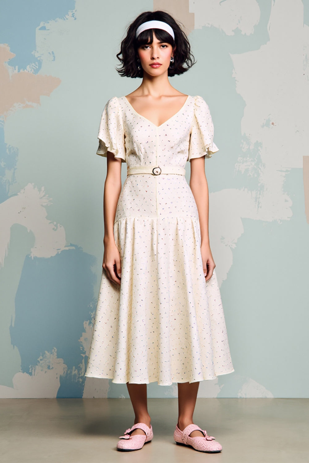 Ivory A Line Ruffled Long Summer Dress with Sleeves