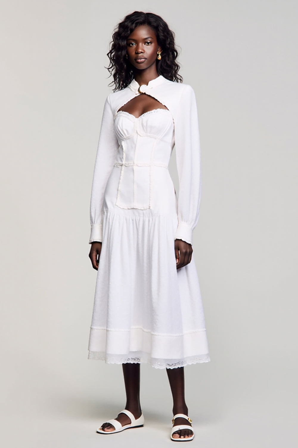 White A Line Long Sleeves Summer Dress with Keyhole