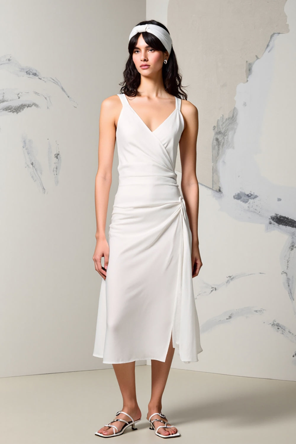 Ivory V Neck A Line Ruched Long Summer Dress with Slit
