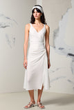 Ivory V Neck A Line Ruched Long Summer Dress with Slit