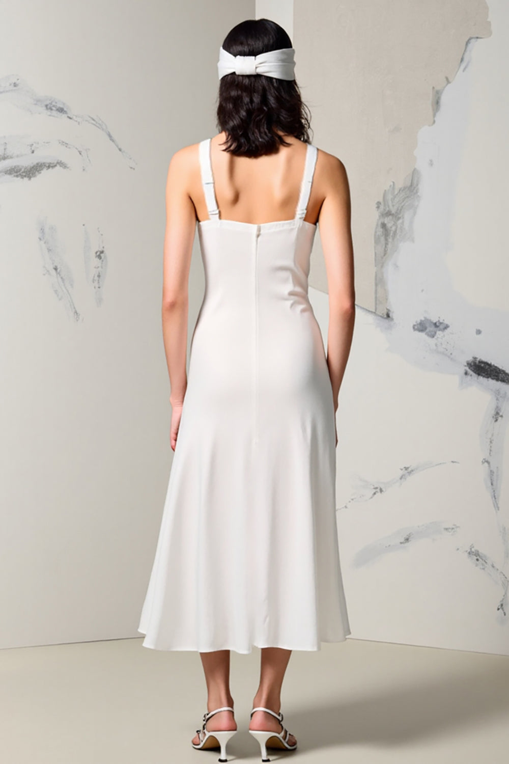 Ivory V Neck A Line Ruched Long Summer Dress with Slit