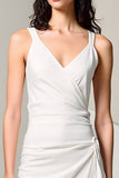 Ivory V Neck A Line Ruched Long Summer Dress with Slit