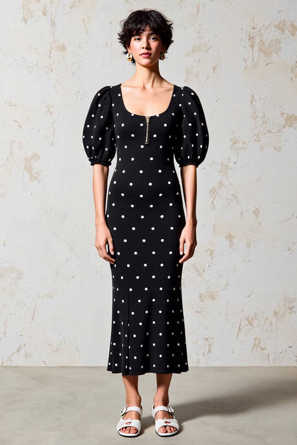 Black Sheath Puff Sleeves Boho Maxi Polka Dot Dress