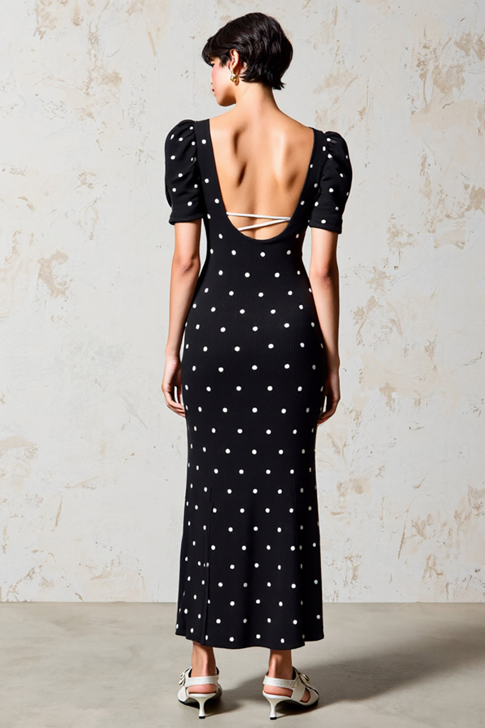 Black Sheath Puff Sleeves Boho Maxi Polka Dot Dress