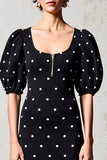 Black Sheath Puff Sleeves Boho Maxi Polka Dot Dress