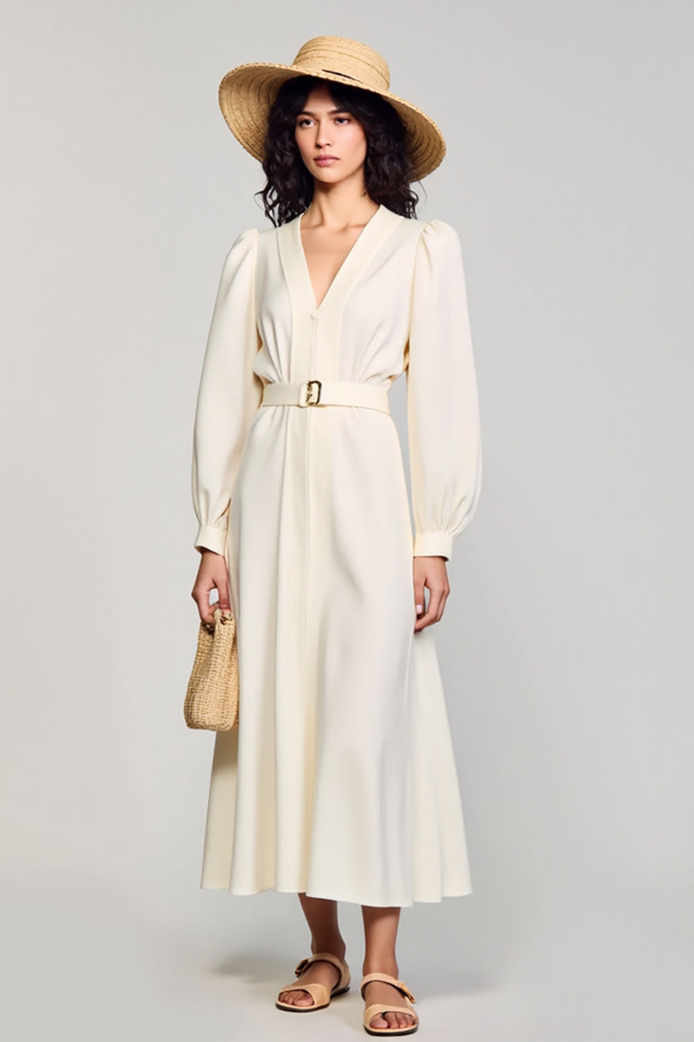 Ivory A Line Satin Long Sleeves V Neck Work Dress
