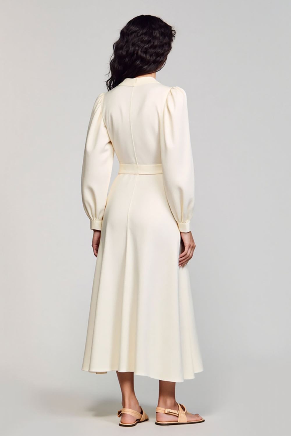 Ivory A Line Satin Long Sleeves V Neck Work Dress