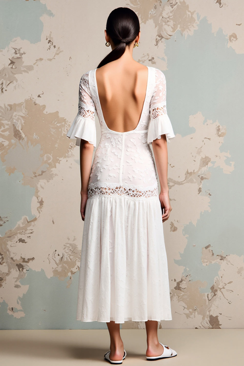 Ivory Lace A Line Long Summer Dress with Sleeves