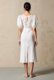 Ivory Sheath Puff Sleeves Midi Summer Dress with Lace