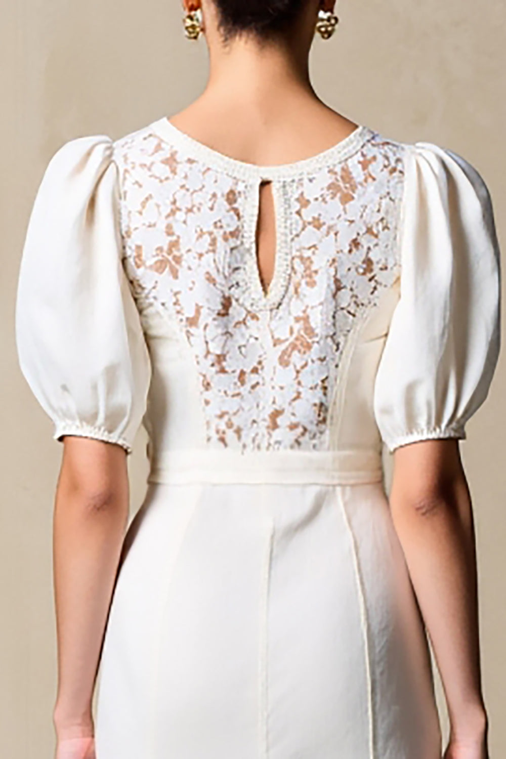 Ivory Sheath Puff Sleeves Midi Summer Dress with Lace