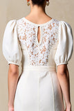 Ivory Sheath Puff Sleeves Midi Summer Dress with Lace