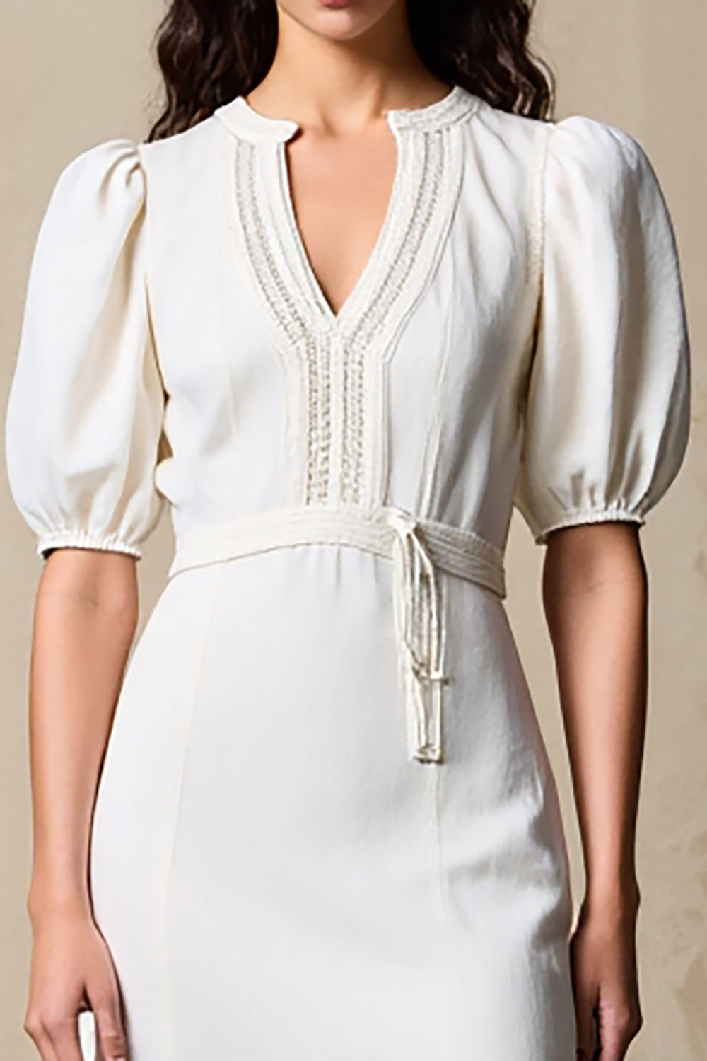 Ivory Sheath Puff Sleeves Midi Summer Dress with Lace