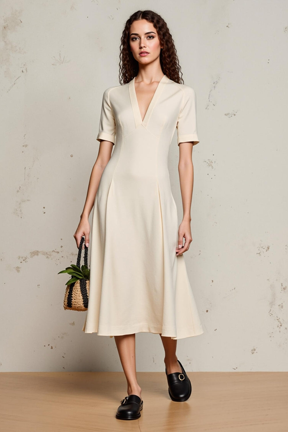 Ivory A Line V Neck Midi Work Dress with Sleeves