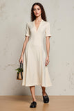 Ivory A Line V Neck Midi Work Dress with Sleeves