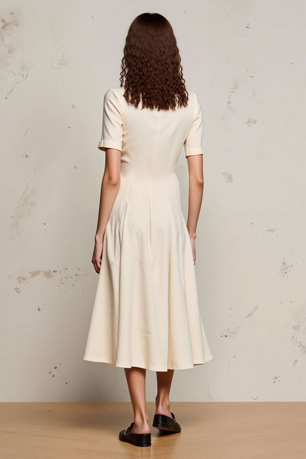 Ivory A Line V Neck Midi Work Dress with Sleeves