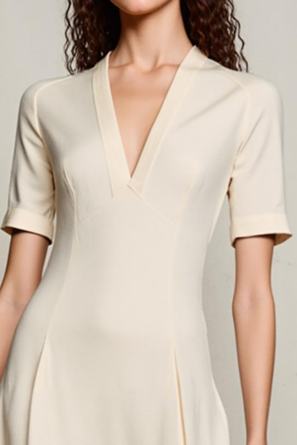 Ivory A Line V Neck Midi Work Dress with Sleeves