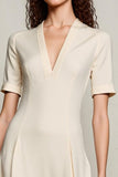 Ivory A Line V Neck Midi Work Dress with Sleeves