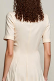 Ivory A Line V Neck Midi Work Dress with Sleeves