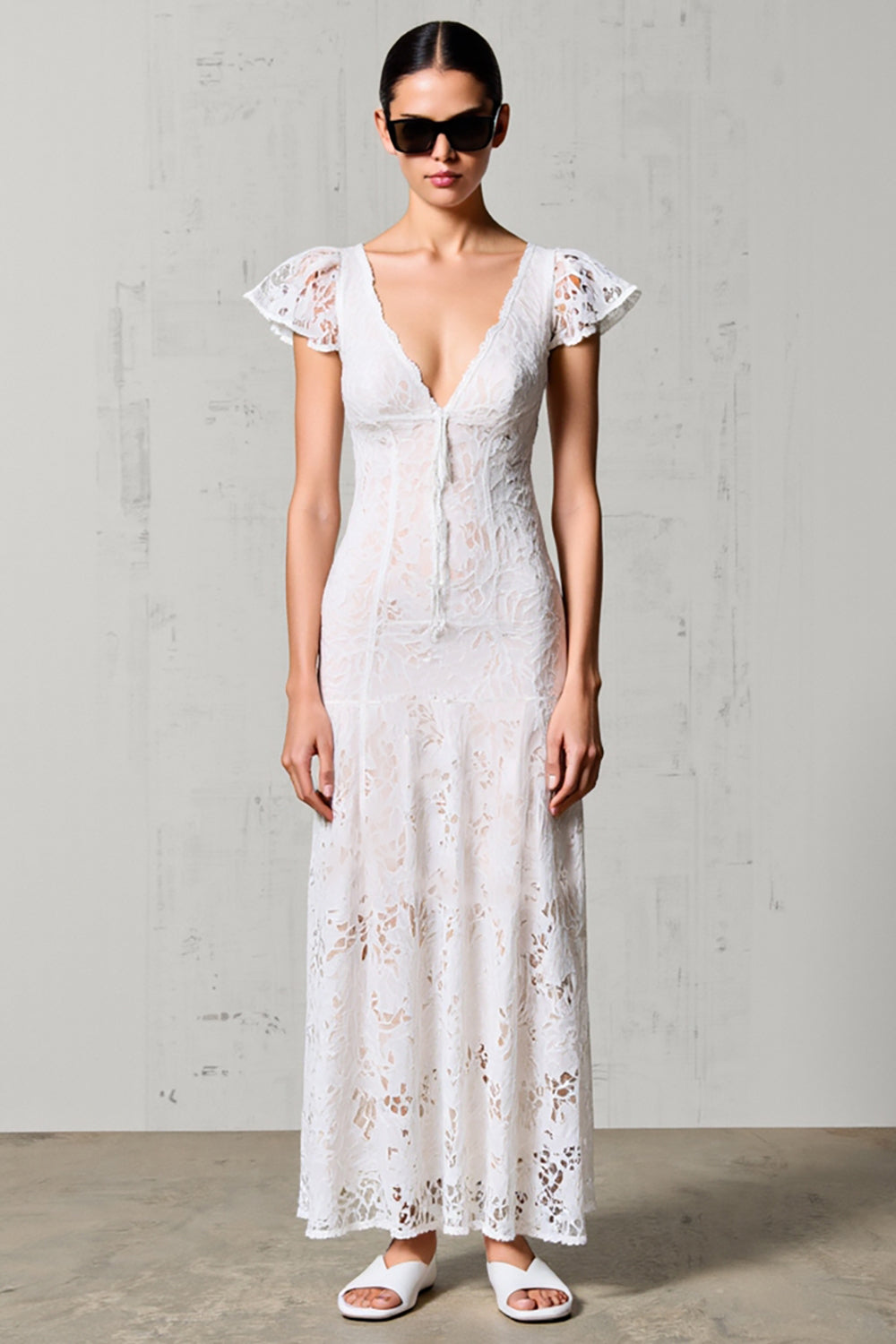 White Lace V Neck Sheath Long Boho Dress with Sleeves