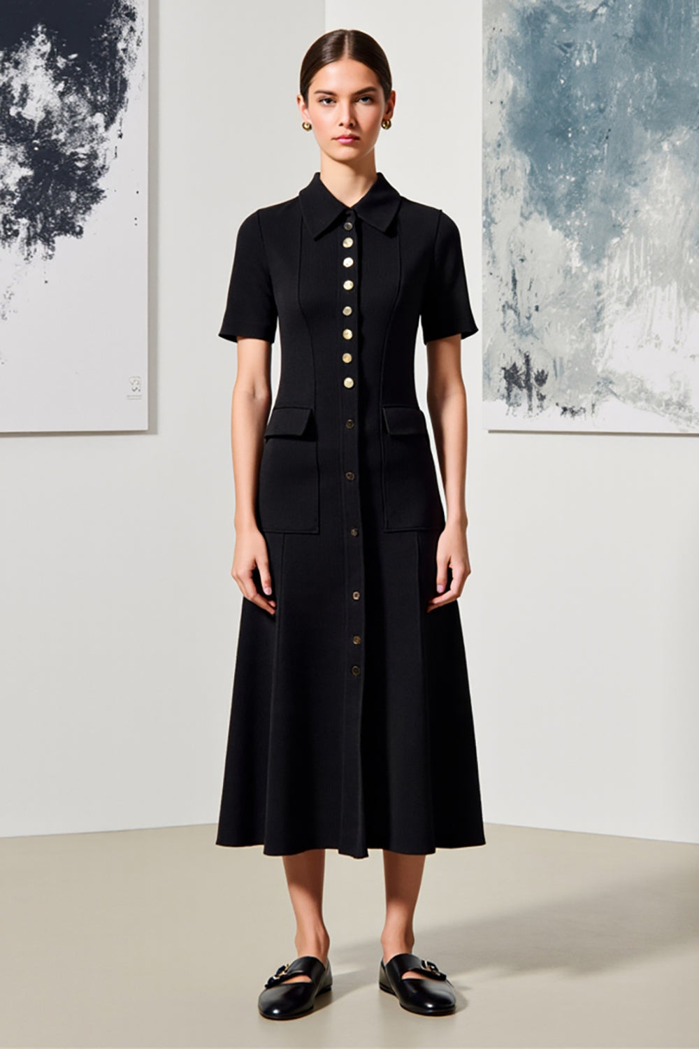 Black A Line Collar Neck Short Sleeves Long Work Dress