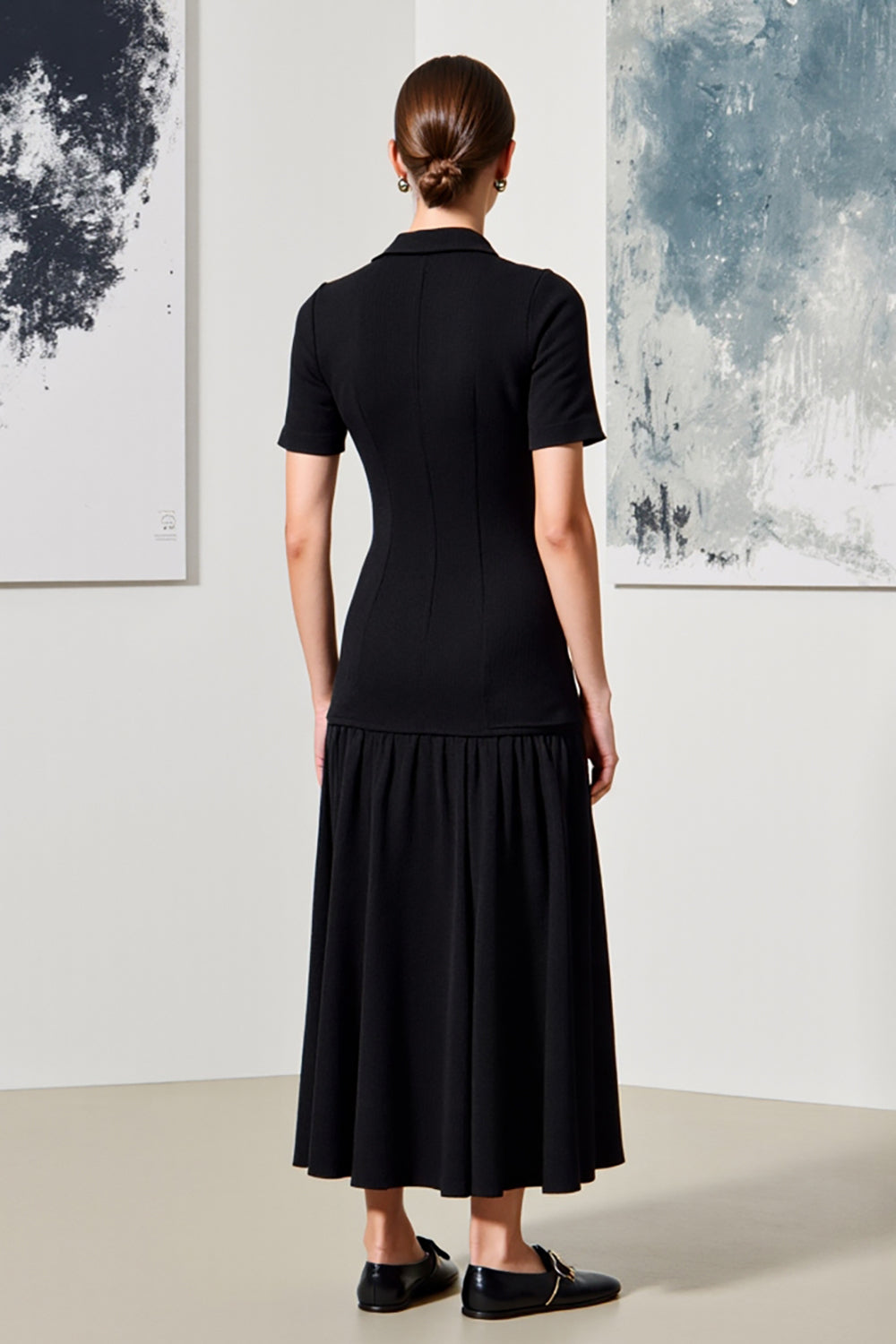 Black A Line Collar Neck Short Sleeves Long Work Dress