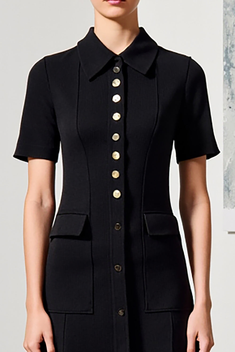 Black A Line Collar Neck Short Sleeves Long Work Dress