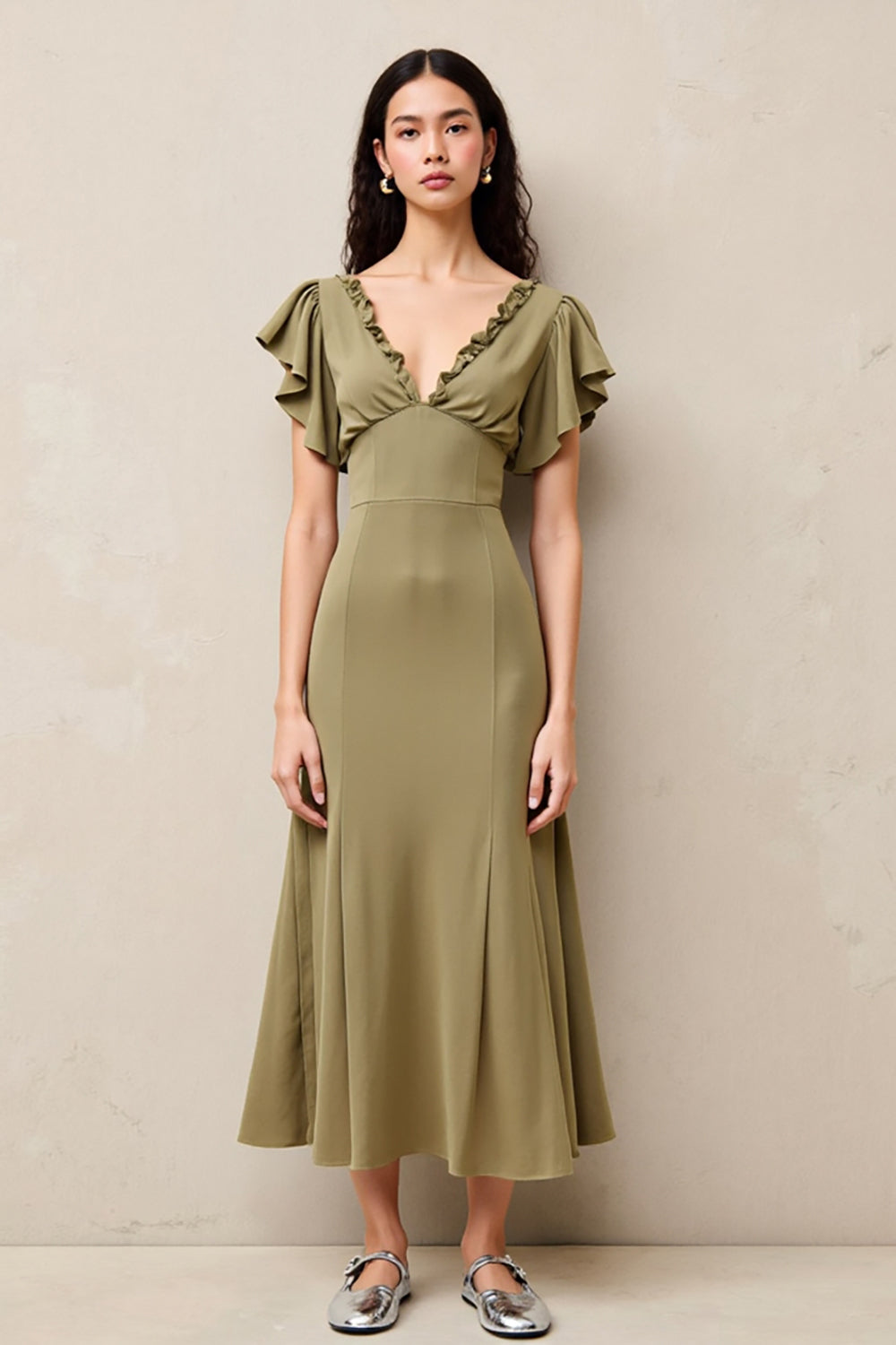 OLive A Line Ruffled Long Wedding Guest Dress with Sleeves