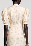 Ivory Floral Printed Midi Wedding Guest Dress with Sleeves