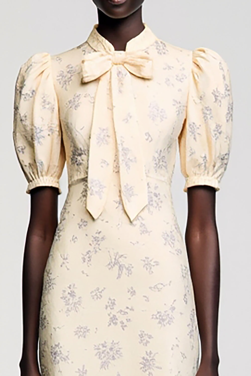 Ivory Floral Printed Midi Wedding Guest Dress with Sleeves