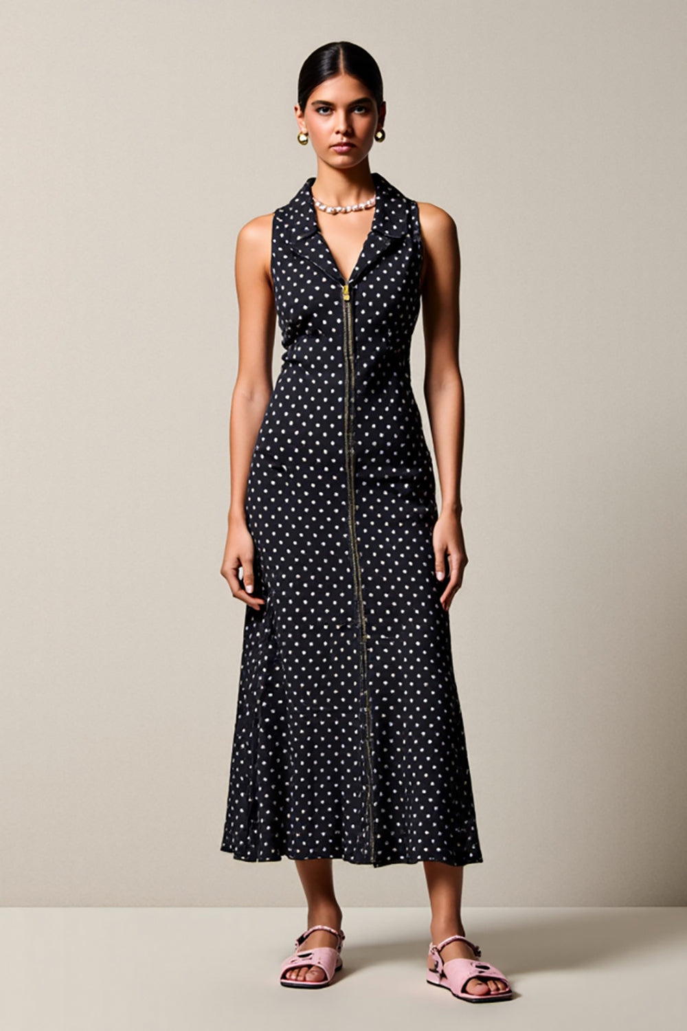 Black V Neck Sheath Maxi Boho Polka Dot Dress